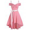 Robe de soirée Vintage Plissée Haute Basse Ceinturée Nouée à Taille Haute Ceinturée à Epaules Dénudées - Rose L