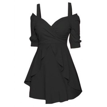 

Cold Shoulder Surplice Overlay Skater Dress, Black