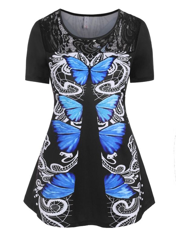 T-shirt Papillon Imprimé en Dentelle Insérée de Grande Taille - Noir 4X