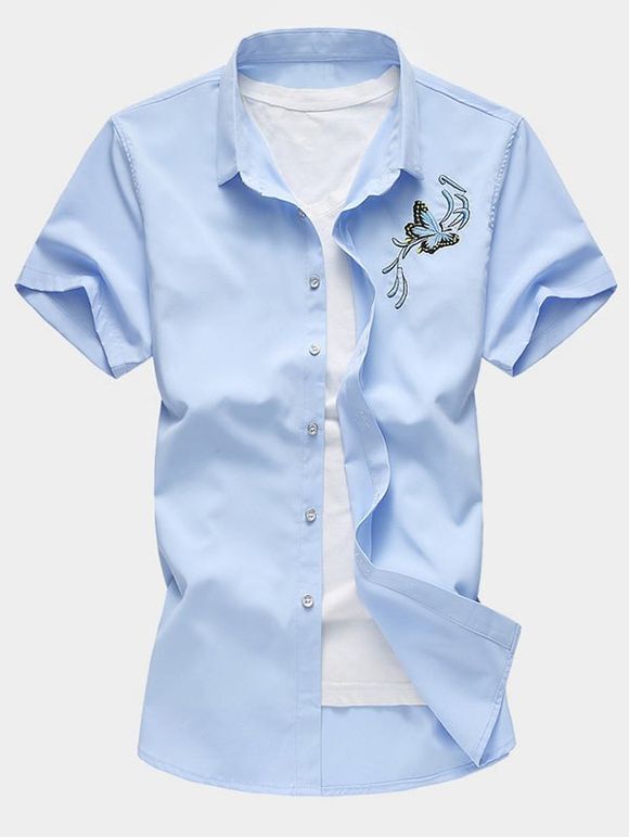 Chemise Boutonnée Papillon Brodé à Manches Courtes - Bleu Ciel L