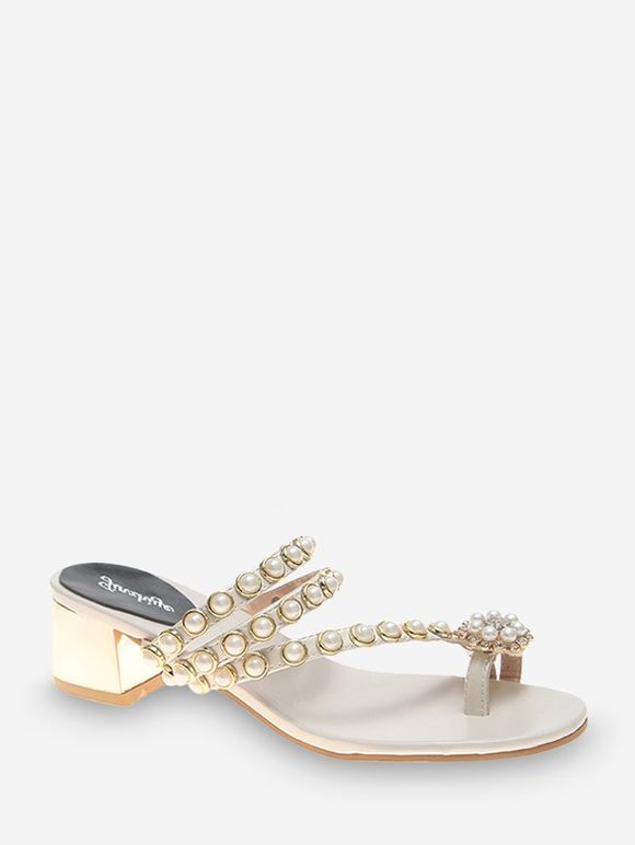 Sandales Fleur Bout avec Fausse Perle à Talon Epais - Blanc EU 38