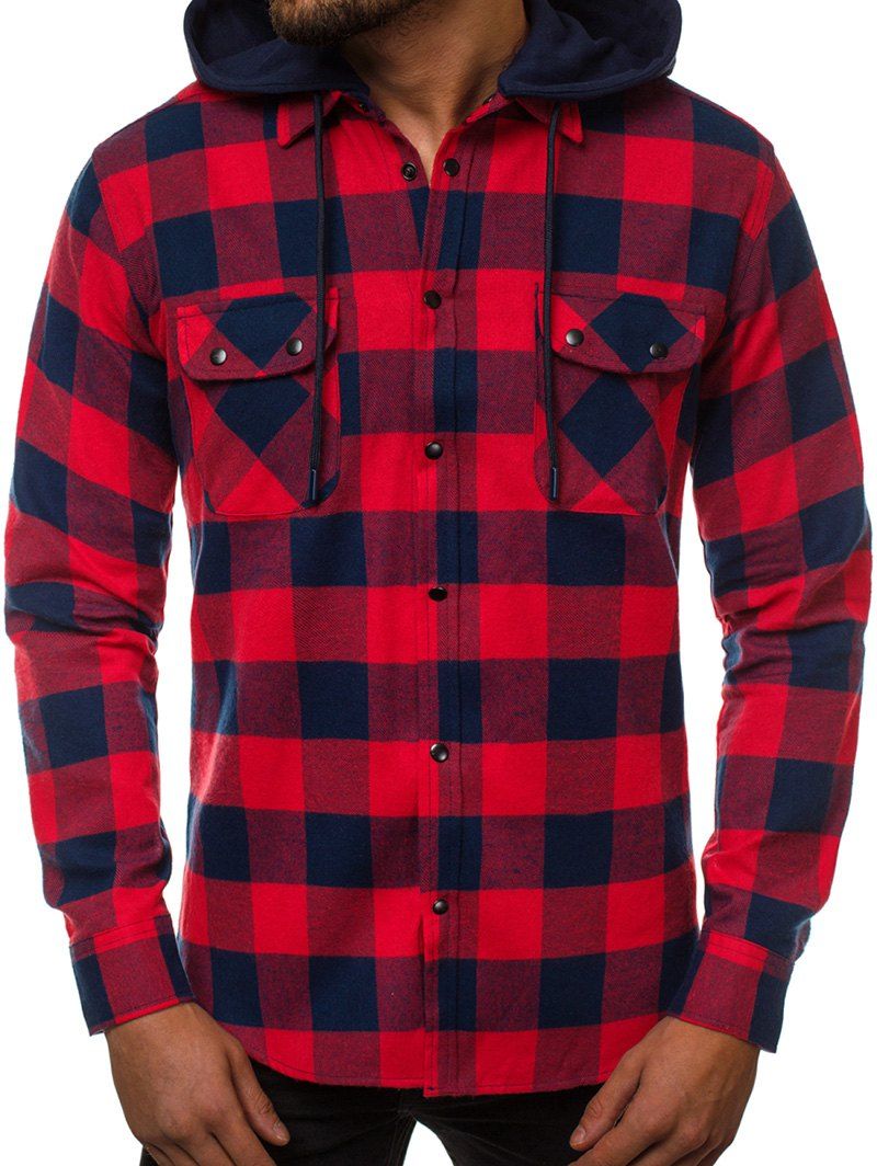 Plaid Pattern Detachable Hooded Long Sleeve Shirt - RED M