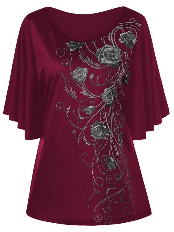 T-shirt Grande Taille à Manches Drapées Floral - Rouge Vineux 5XL