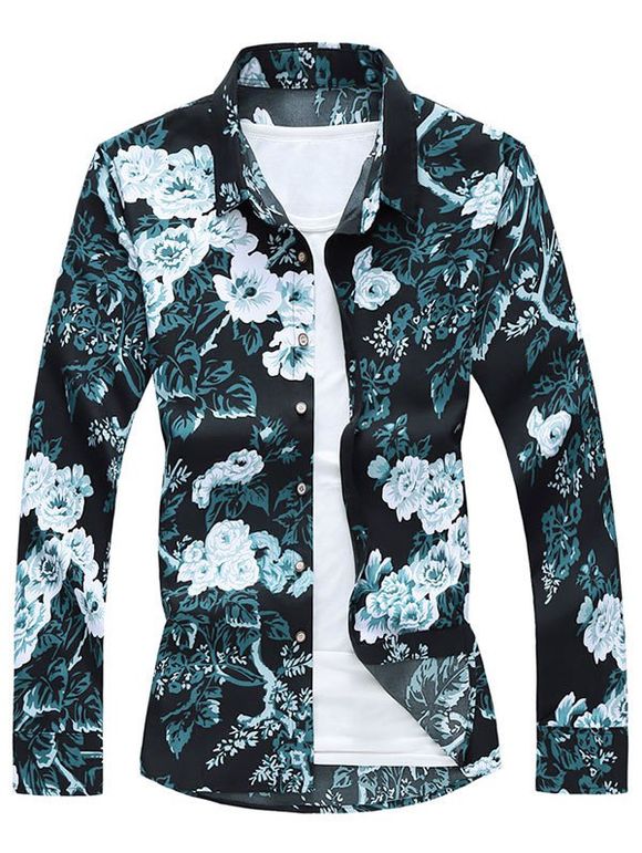 Chemise Feuille Fleurie Imprimée Boutonnée à Manches Longues - Vert Mer Moyen 2XL