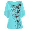 T-shirt Grande Taille à Manches Drapées Floral - Bleu Vert Ara 3XL