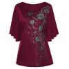 T-shirt Grande Taille à Manches Drapées Floral - Rouge Vineux XL