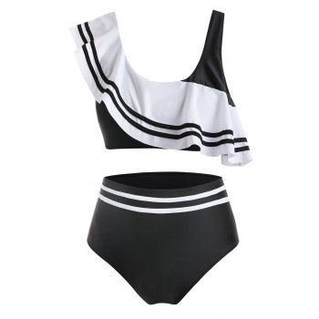 

Stripes Panel Flounces Plus Size Bikini Swimwear, Black