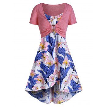 

Floral Print Tulip Hem Cami Two Piece Dress, Pink rose