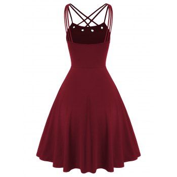 Criss Cross Grommet High Waisted Flare Cami Dress 