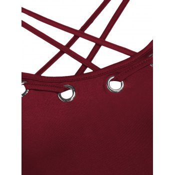 Criss Cross Grommet High Waisted Flare Cami Dress 
