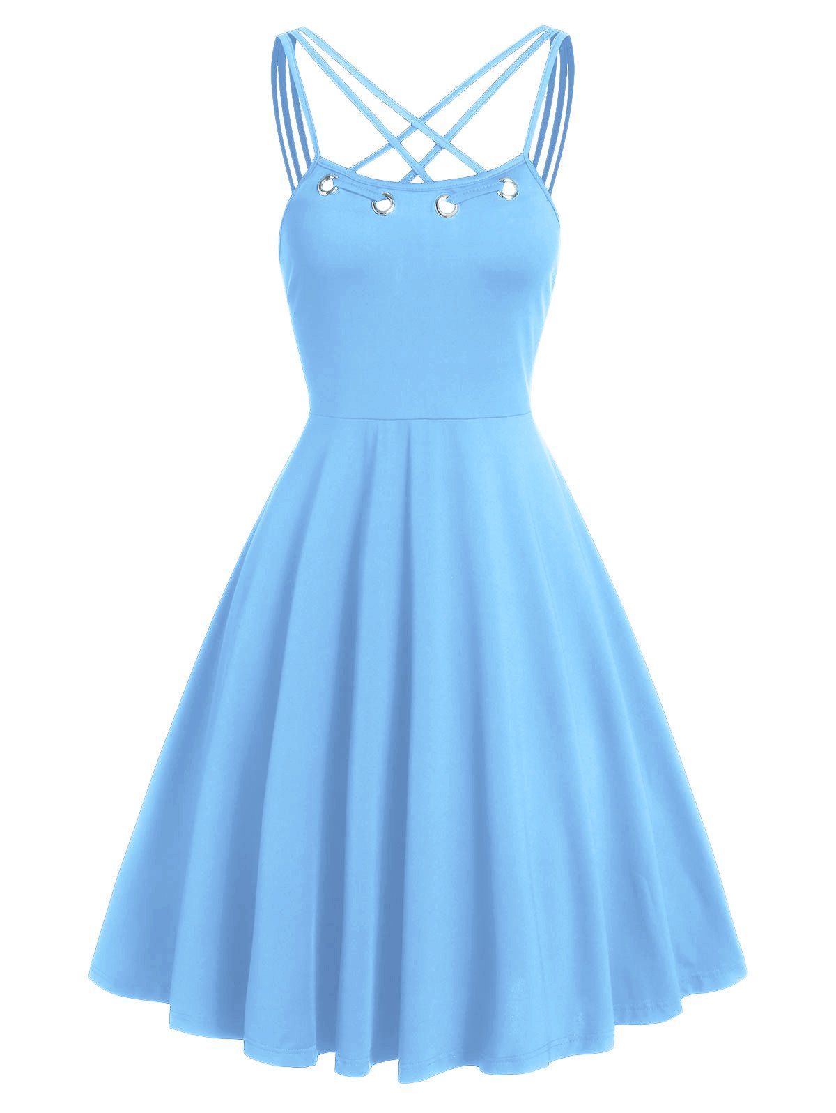 Criss Cross Grommet High Waisted Flare Cami Dress - DENIM BLUE M