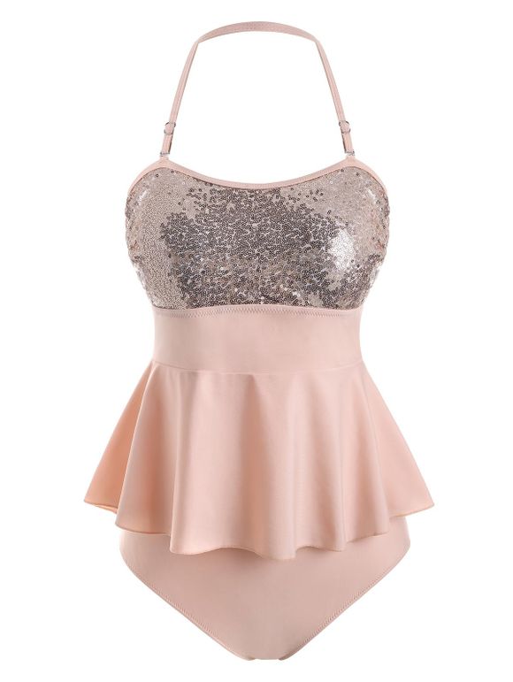 Maillot de Bain Tankini Péplum de Grande Taille à Paillettes - Rose 5X