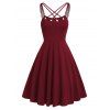 Criss Cross Grommet High Waisted Flare Cami Dress - RED WINE 3XL