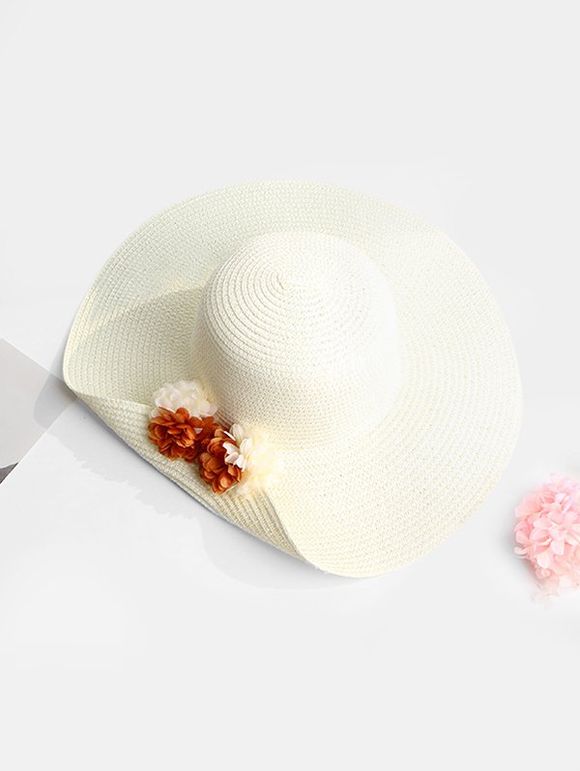 Chapeau de Plage Fleuri en Paille à Ourlet Relevé - Blanc de Crème 