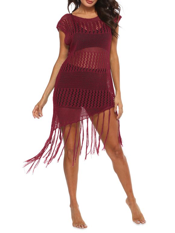 Asymmetric Fringe Crochet Cover Up Dress - RED WINE M