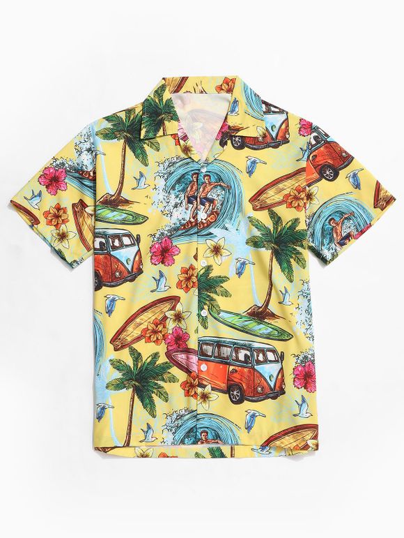 Chemise de Vacances Hawaiien Imprimée avec Bouton - Jaune S