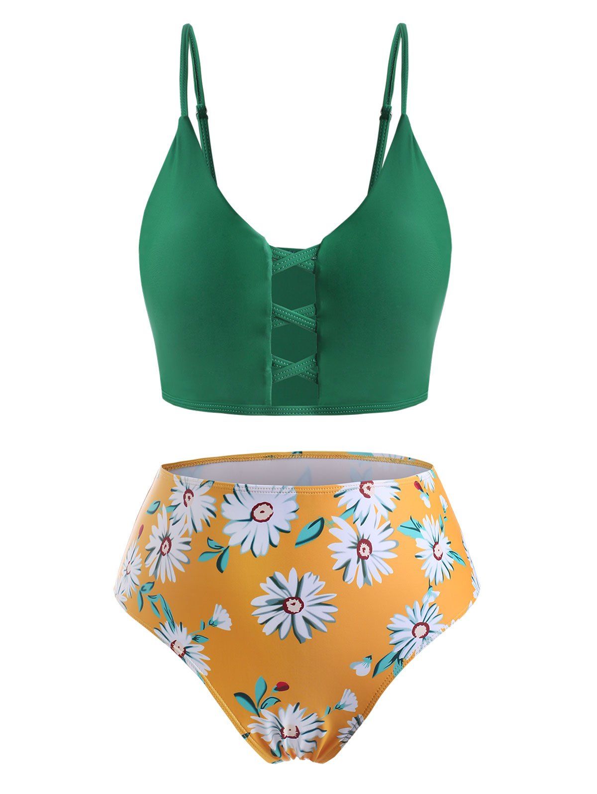 Plus Size Daisy Print Crisscross Bikini Swimwear - DEEP GREEN 5X