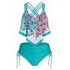 Bohemian Tankini Swimsuit Floral Plaid Print Swimwear Cinched Crisscross Tummy Control Bathing Suit - BLUE HOSTA L