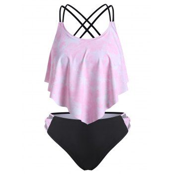

Tie Dye Criss Cross Strappy Lattice Plus Size Tankini Swimwear, Pink