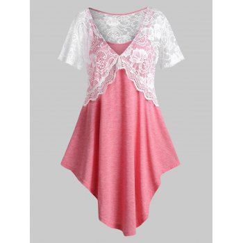 

Plus Size Lace Panel Sheer Asymmetrical Tunic Tee, Pink