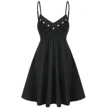 

Buttons Ruched Mini Fit and Flare Dress, Black