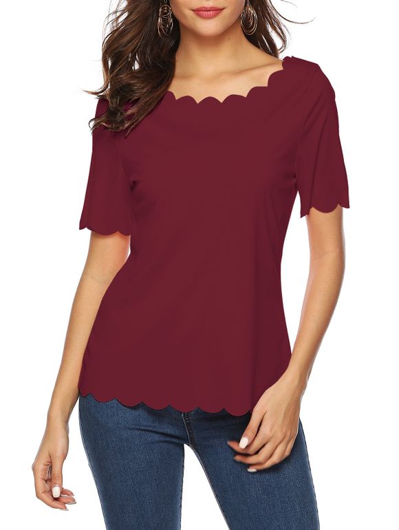 T-shirt Festonné Simple - Rouge Vineux M