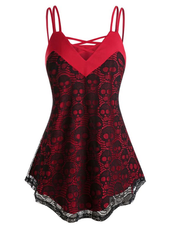 Débardeur d'Halloween Croisé Crâne en Dentelle de Grande Taille - Rouge 3X