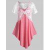 T-shirt Tunique Asymétrique Panneau en Dentelle Transparente de Grande Taille - Rose 5X