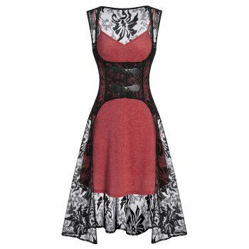 

Plain Cami Dress and Buckle Strap High Low Lace Vest, Cherry red