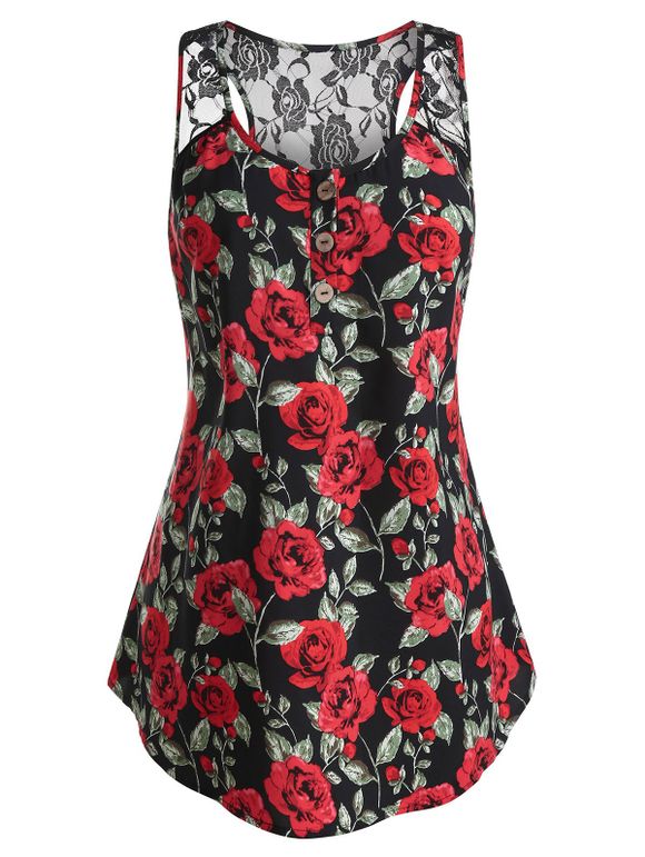 Débardeur Rose Imprimée avec Bouton de Grande Taille - Noir 4X