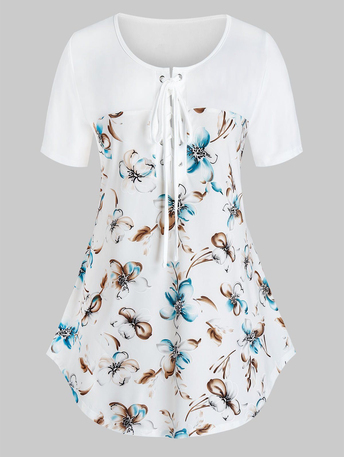 

Plus Size Lace Up Floral Print T Shirt, White