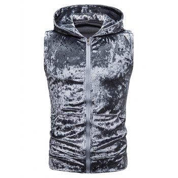 

Zip Up Front Pocket Hooded Velvet Vest, Light gray