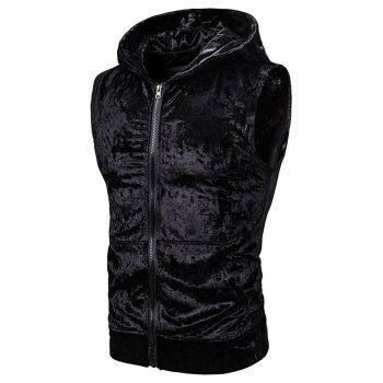 

Zip Up Front Pocket Hooded Velvet Vest, Black