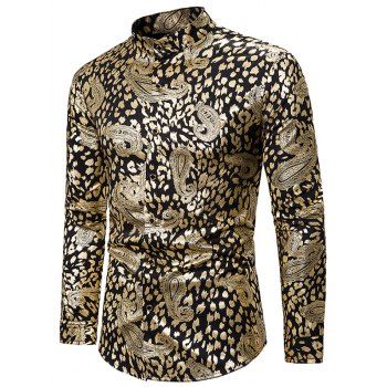 

Gilding Paisley Print Long Sleeve Stand Collar Shirt, Gold