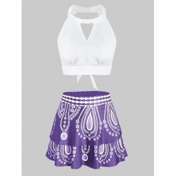 

Printed Halter Tie Back Tankini Swimwear, Lovely purple