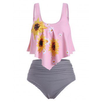 

Sunflower Striped Ruched High Waisted Tankini Swimwear, Pink