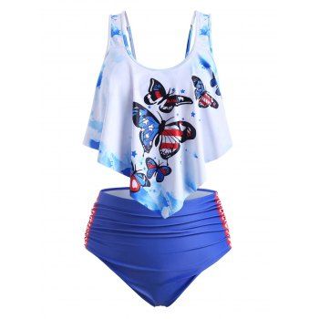 

Plus Size Butterfly Print Ruffle Tankini Swimwear, Blue