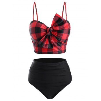 

Plaid Bowknot Push Up Ruched Tankini Swimwear, Red