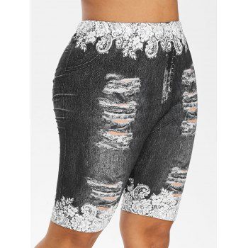 

Plus Size Floral Ripped Jeans Printed Fitted Leggings, Black