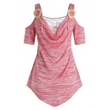 

Plus Size Space Dye Draped Open Shoulder Lace Insert Tee, Flamingo pink