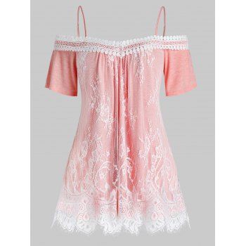 

Plus Size Open Shoulder Lace Overlay T Shirt, Deep peach