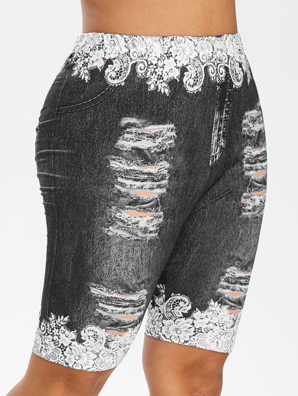 Legging Ajusté Style Déchiré à Imprimé Floral Grande-Taille - Noir 5X