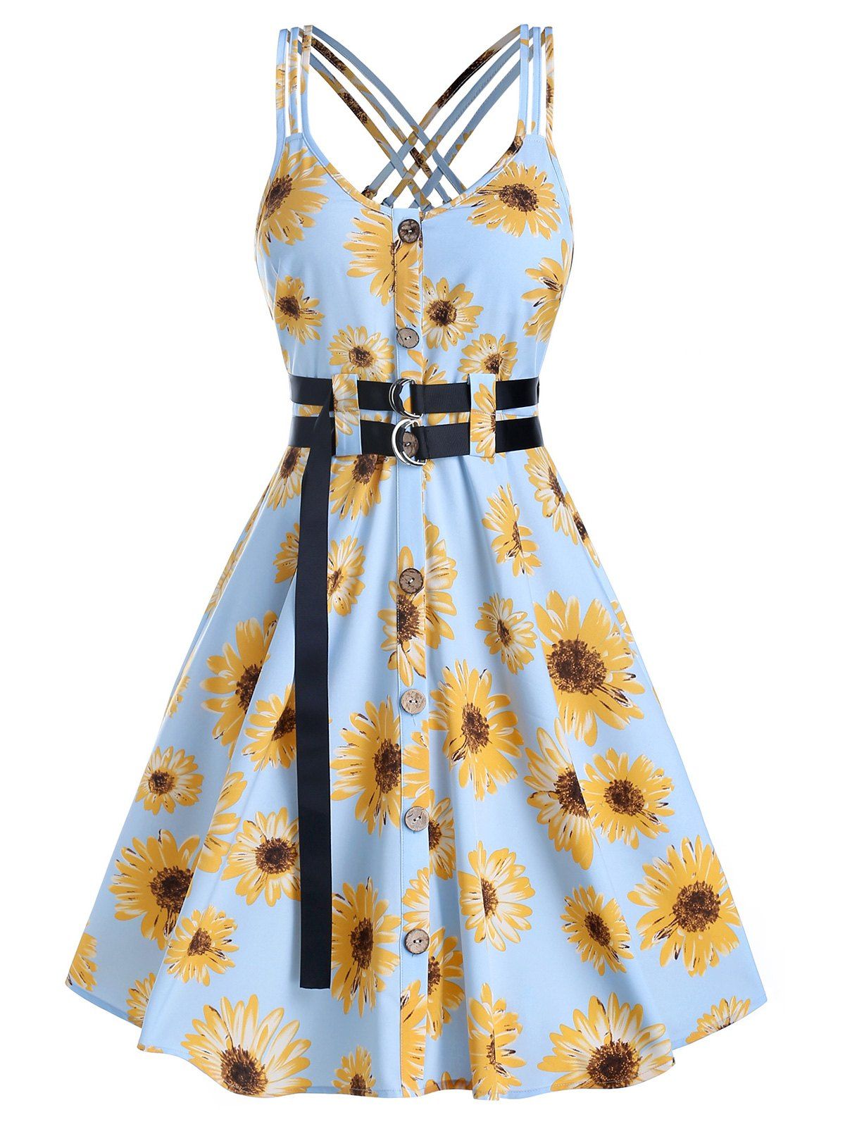 Button Through Flower Print Belted Dress - LIGHT SKY BLUE M