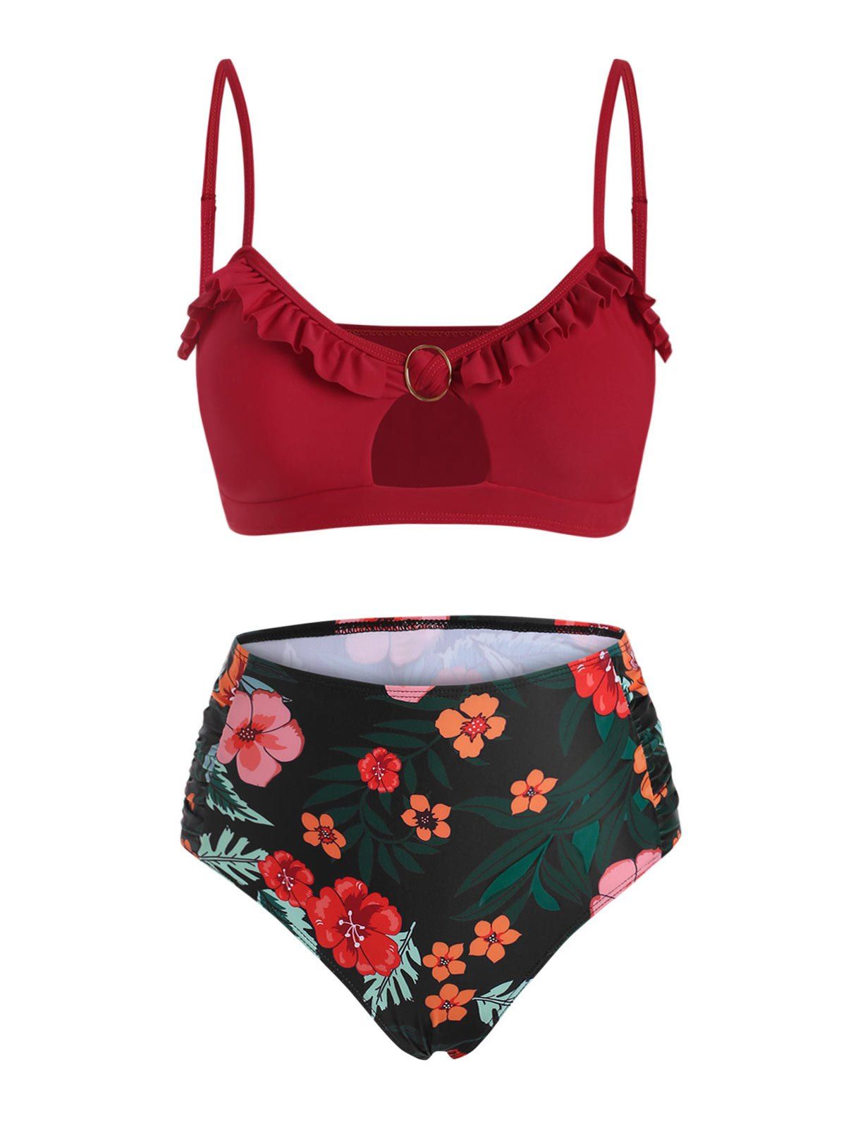 Floral Tummy Control Bikini Swimsuit Ruffle Cutout Swimwear Set - RED S