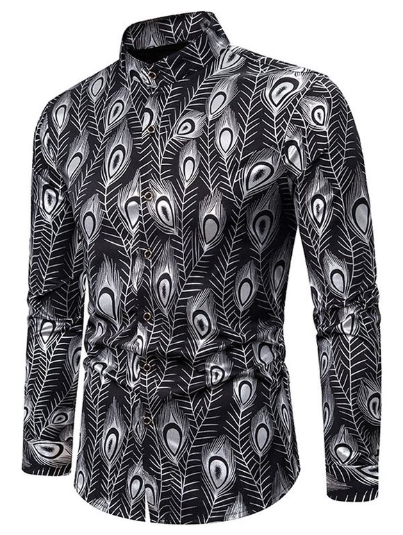 Gilding Peacock Feathers Stand Collar Button Up Shirt - SILVER L
