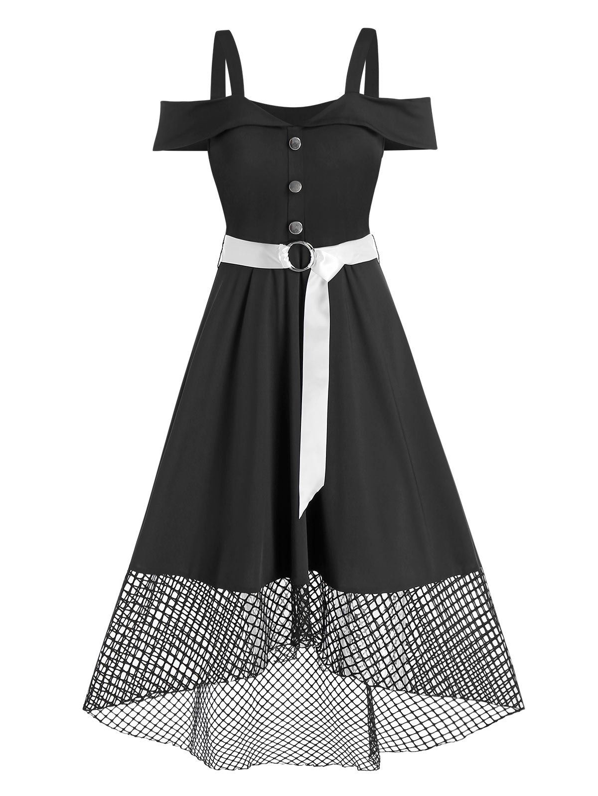 Fishnet Insert Open Shoulder Belted Dress - BLACK L