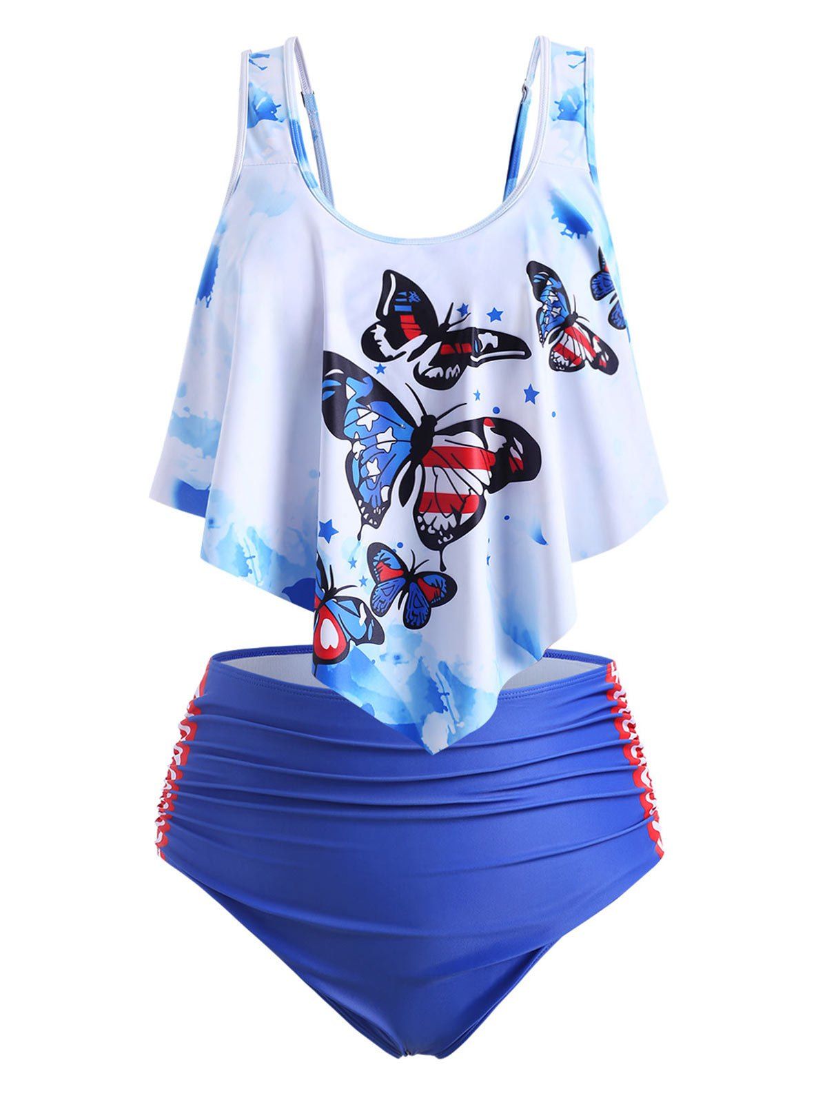 Plus Size Butterfly Print Ruffle Tankini Swimwear - BLUE 4X