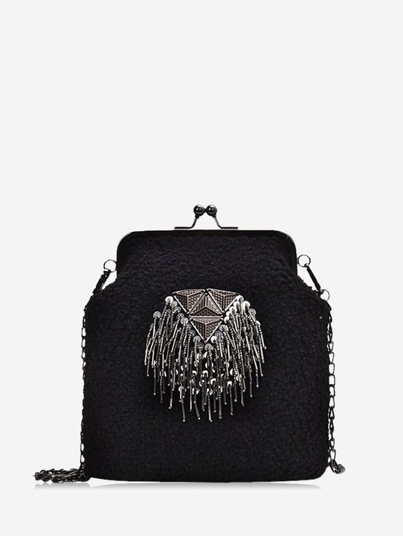 Sac à Bandoulière Géométrique à Frange en Laine - Noir 