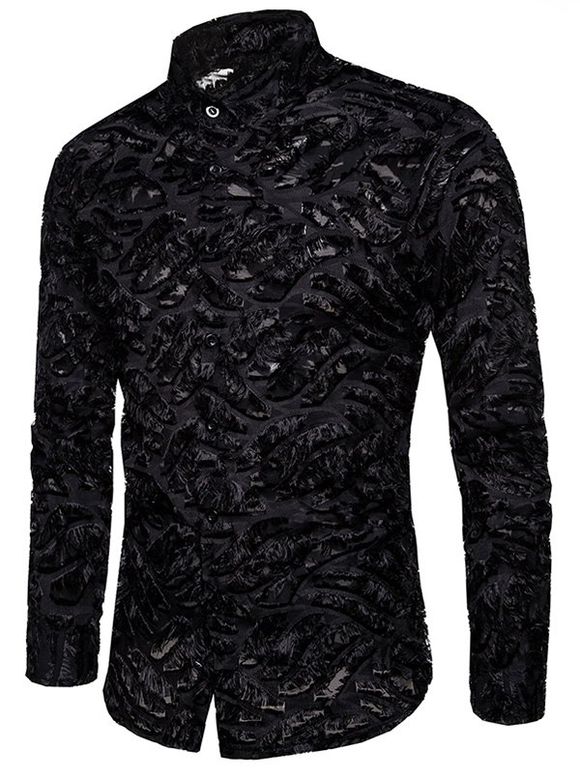 Chemise Boutonnée Transparente à Ourlet Effrangé - Noir XL