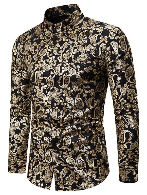 Chemise Motif de Cachemire Boutonnée à Col Debout - Or M